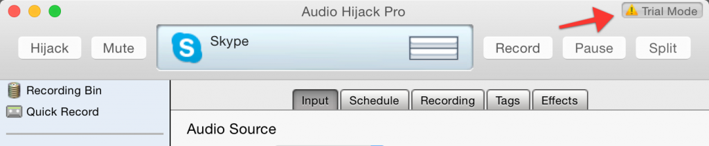 Audio Hijack Pro uses a small Trial Mode reminder