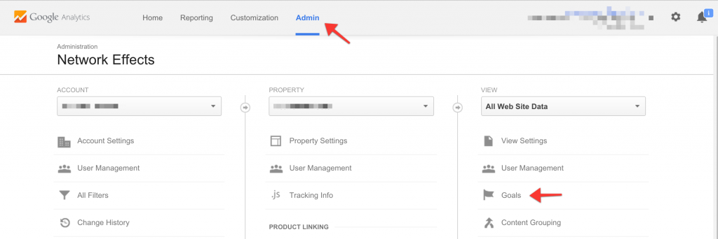 To find Goals, click Admin in the top menu, and Goals in the menu on the far right